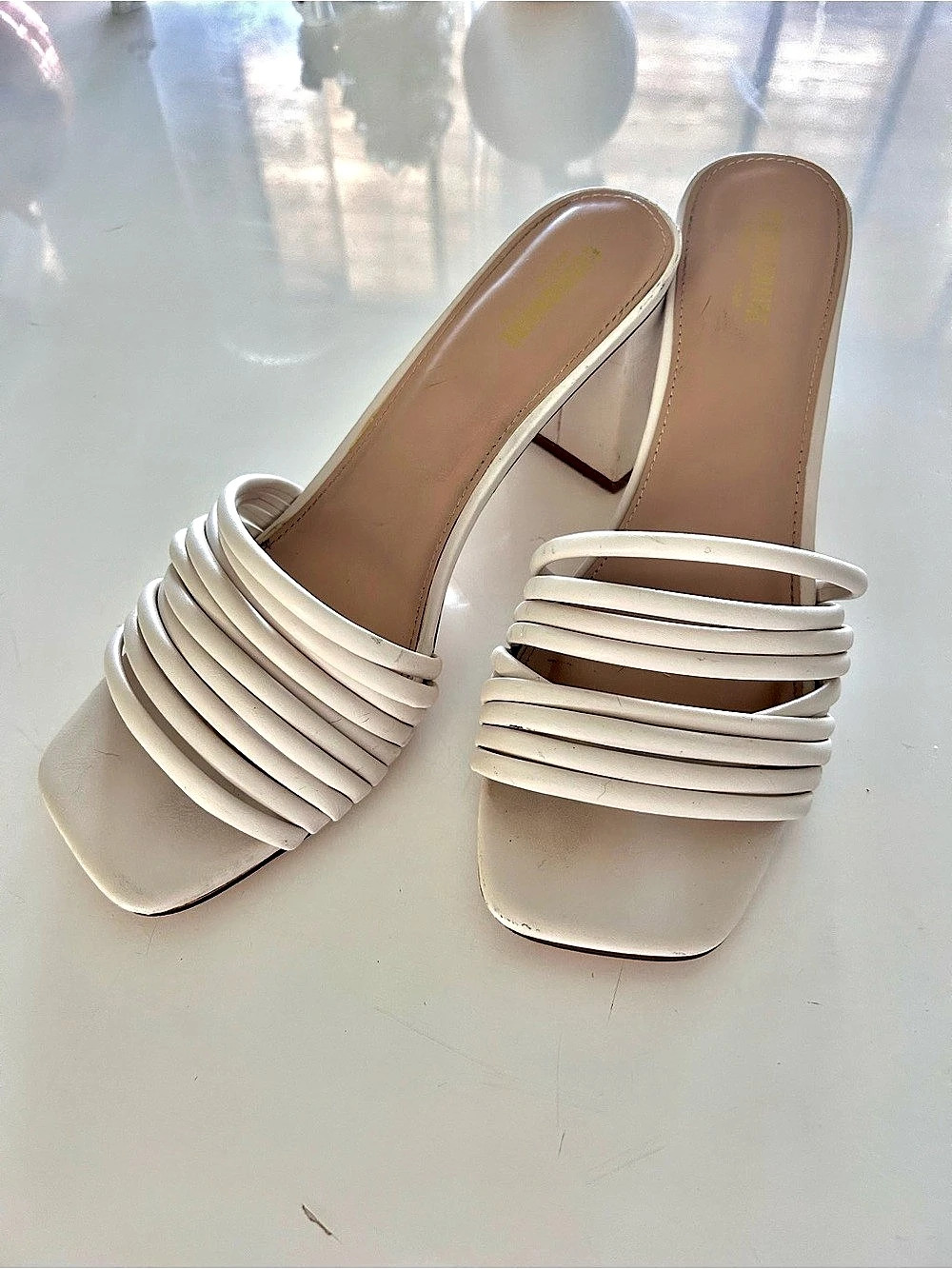 Cushionaire Strappy Block Heel Mules in White
